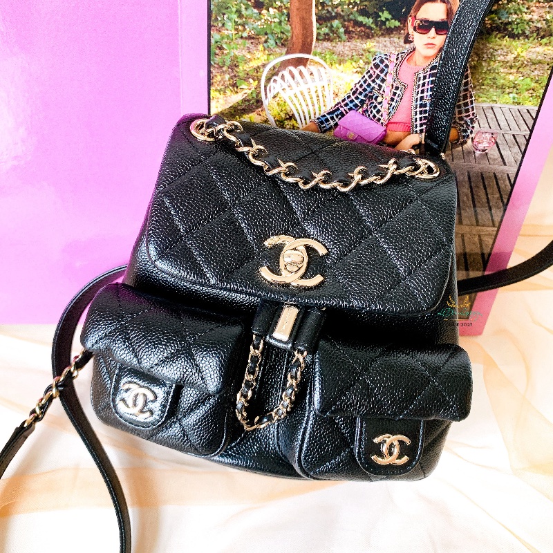 CHANEL AS3787 Duma系列 小號 黑色 荔枝牛皮 金釦 小青蛙 後背包 精品背包-0