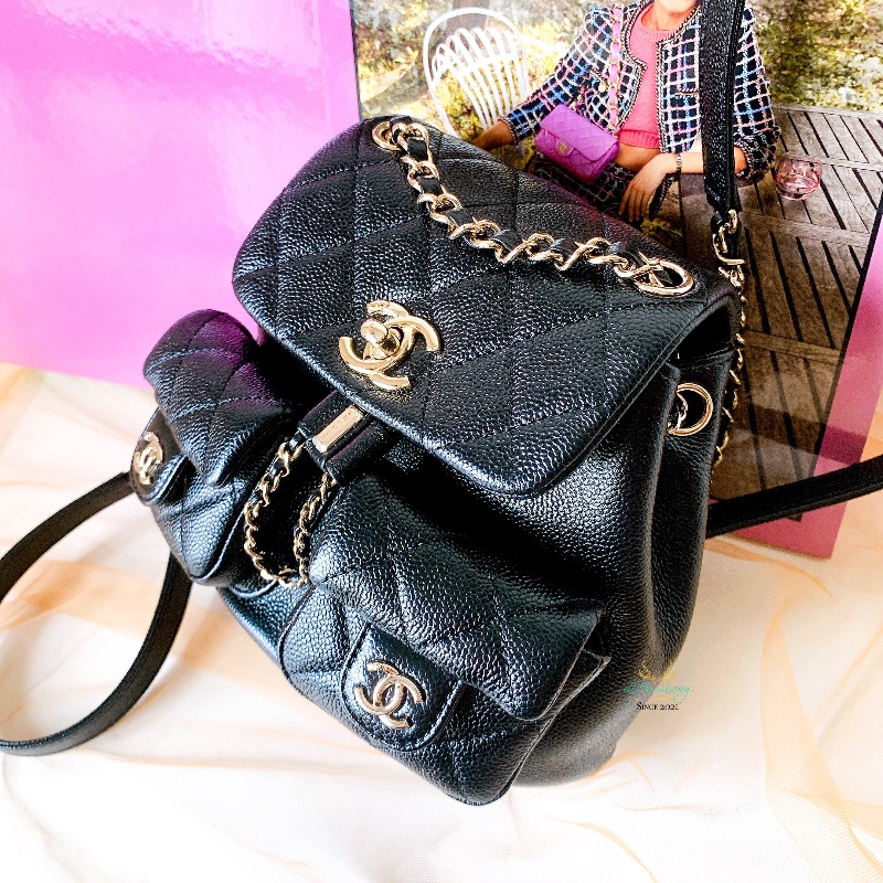 CHANEL AS3787 Duma系列 小號 黑色 荔枝牛皮 金釦 小青蛙 後背包 精品背包-1