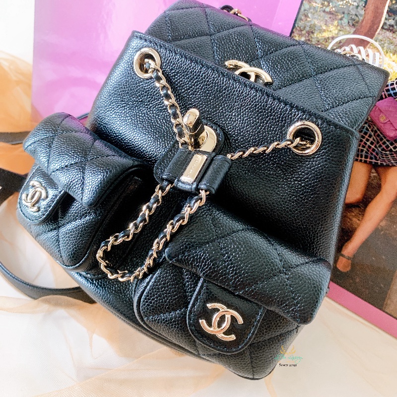 CHANEL AS3787 Duma系列 小號 黑色 荔枝牛皮 金釦 小青蛙 後背包 精品背包-5