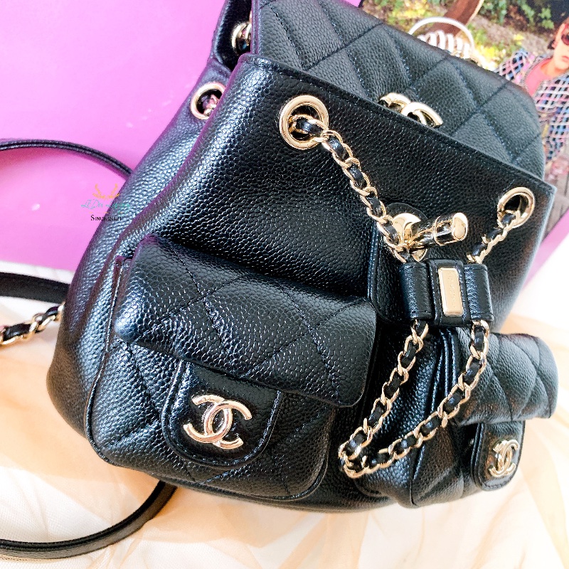 CHANEL AS3787 Duma系列 小號 黑色 荔枝牛皮 金釦 小青蛙 後背包 精品背包-6