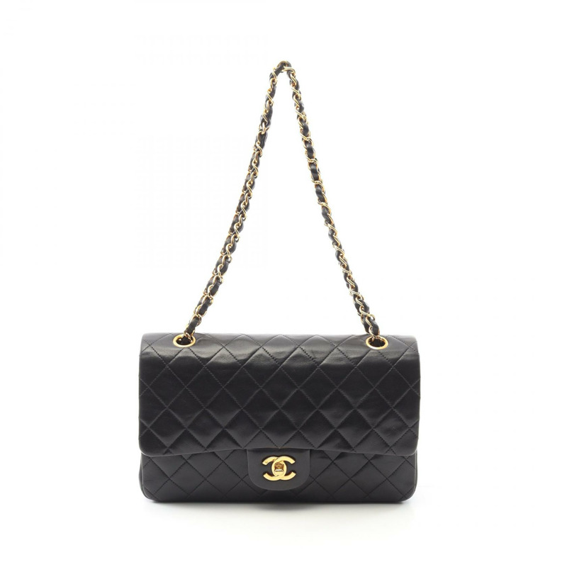 CHANEL Matelasse W 翻蓋鏈條單肩包 A01112 羔羊皮 黑色 二手-0