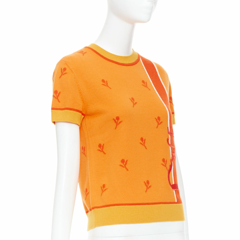 HERMES 2024 Etriers orange wool cashmere floral embroidered sweater FR36 S-3