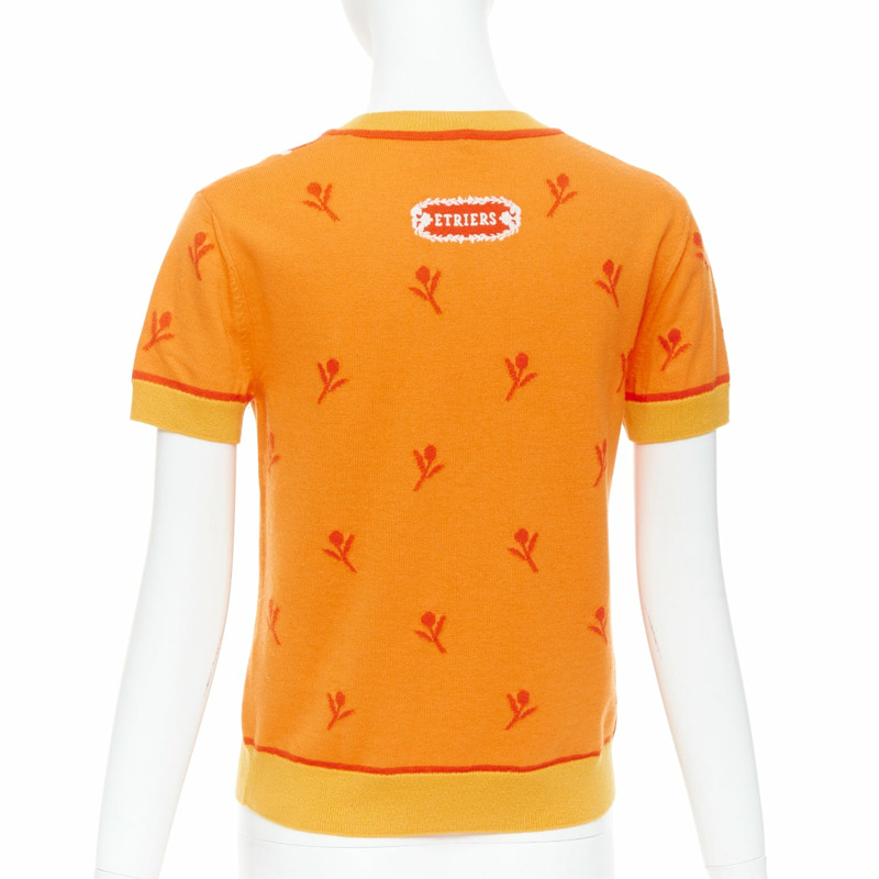 HERMES 2024 Etriers orange wool cashmere floral embroidered sweater FR36 S-4