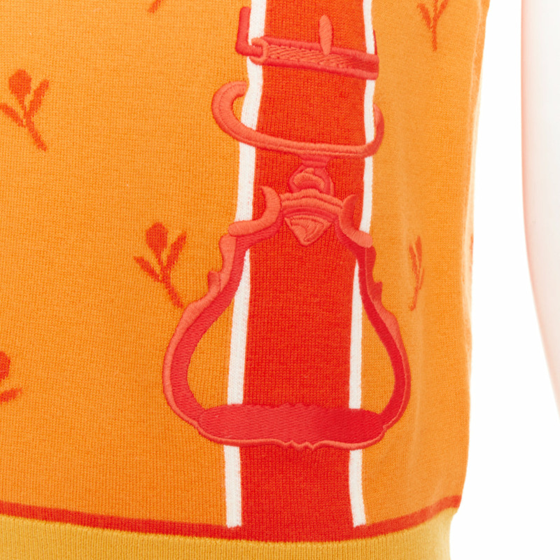HERMES 2024 Etriers orange wool cashmere floral embroidered sweater FR36 S-6