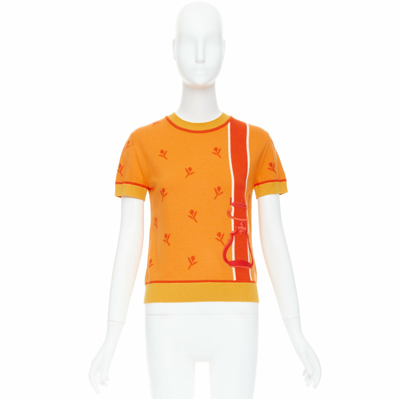 HERMES 2024 Etriers orange wool cashmere floral embroidered sweater FR36 S-8