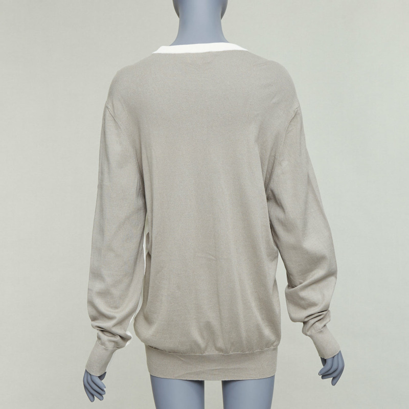 HERMES beige white cotton cashmere colorblocked crew sweater XL-1