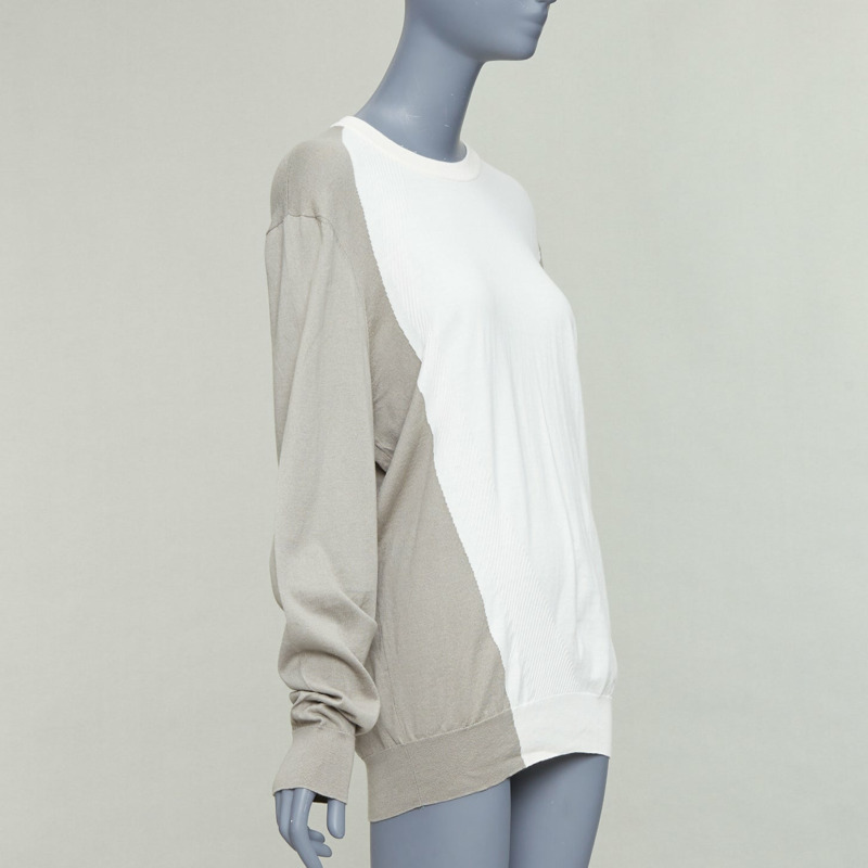 HERMES beige white cotton cashmere colorblocked crew sweater XL-2