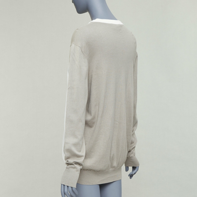 HERMES beige white cotton cashmere colorblocked crew sweater XL-4