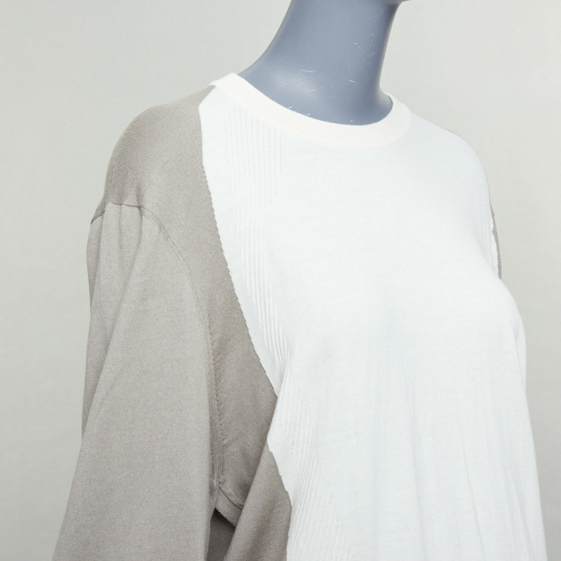 HERMES beige white cotton cashmere colorblocked crew sweater XL-5