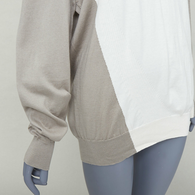HERMES beige white cotton cashmere colorblocked crew sweater XL-6