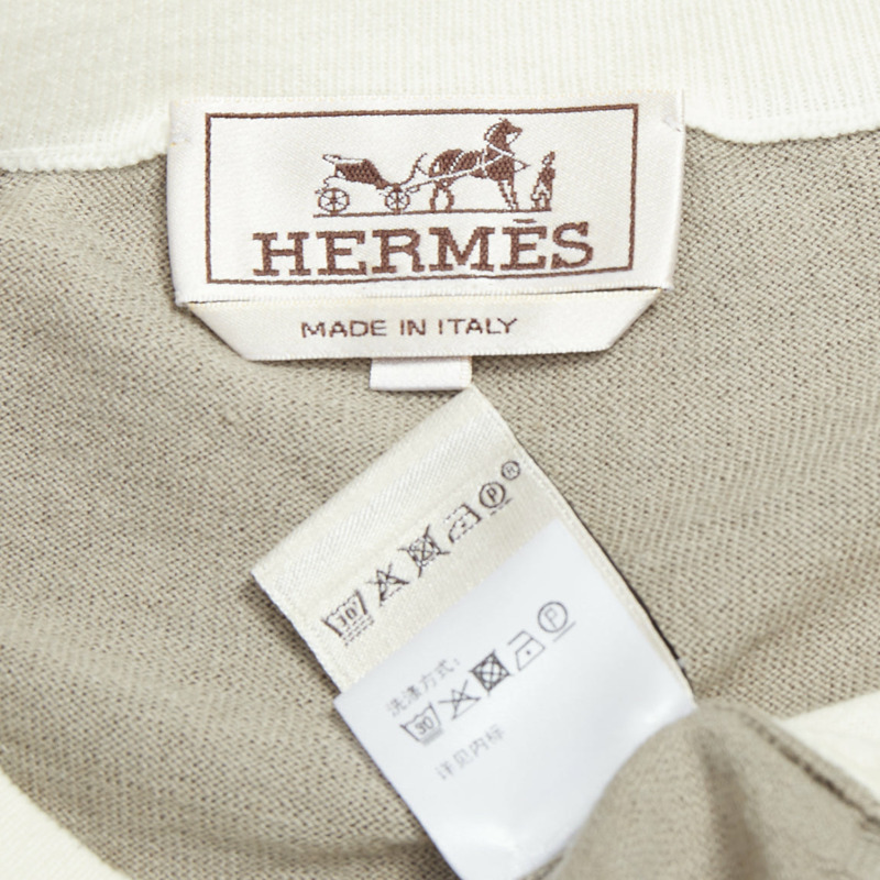 HERMES beige white cotton cashmere colorblocked crew sweater XL-7