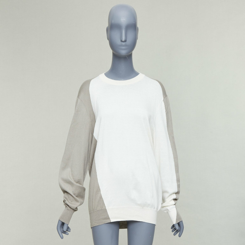 HERMES beige white cotton cashmere colorblocked crew sweater XL-8