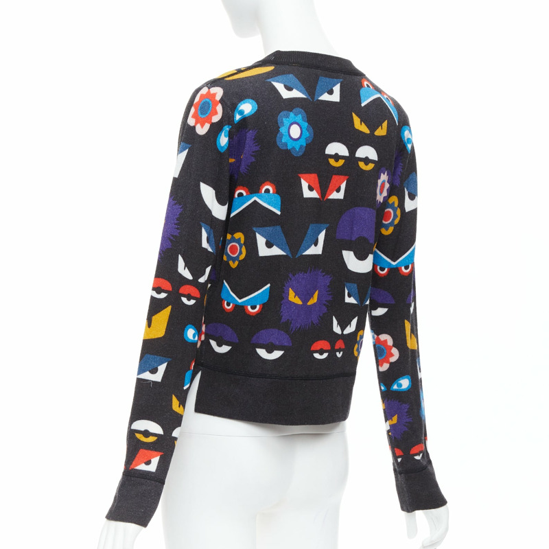 FENDI Monster Bug Eye print black virgin wool fur trim sweater IT40 S-5