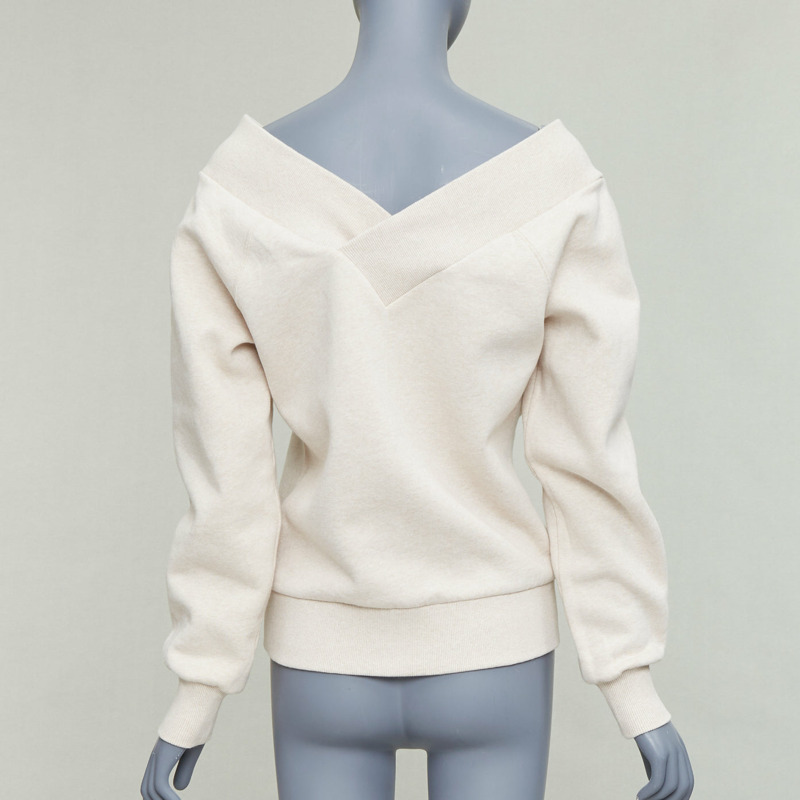 BURBERRY stone beige off shoulder cotton blend V neck sweater S-4