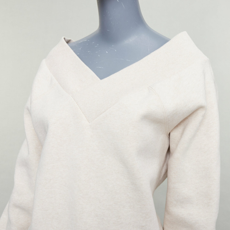 BURBERRY stone beige off shoulder cotton blend V neck sweater S-6
