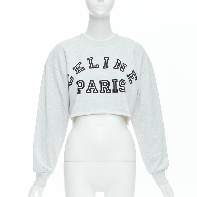CELINE Runway grey cotton varsity logo cutoff sweatshirt crop top S-0