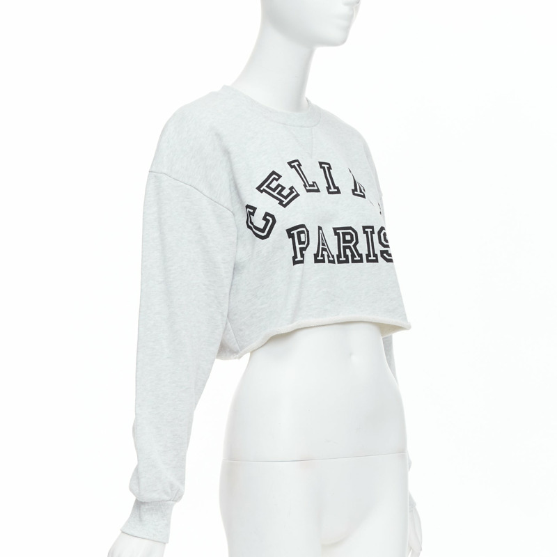 CELINE Runway grey cotton varsity logo cutoff sweatshirt crop top S-2