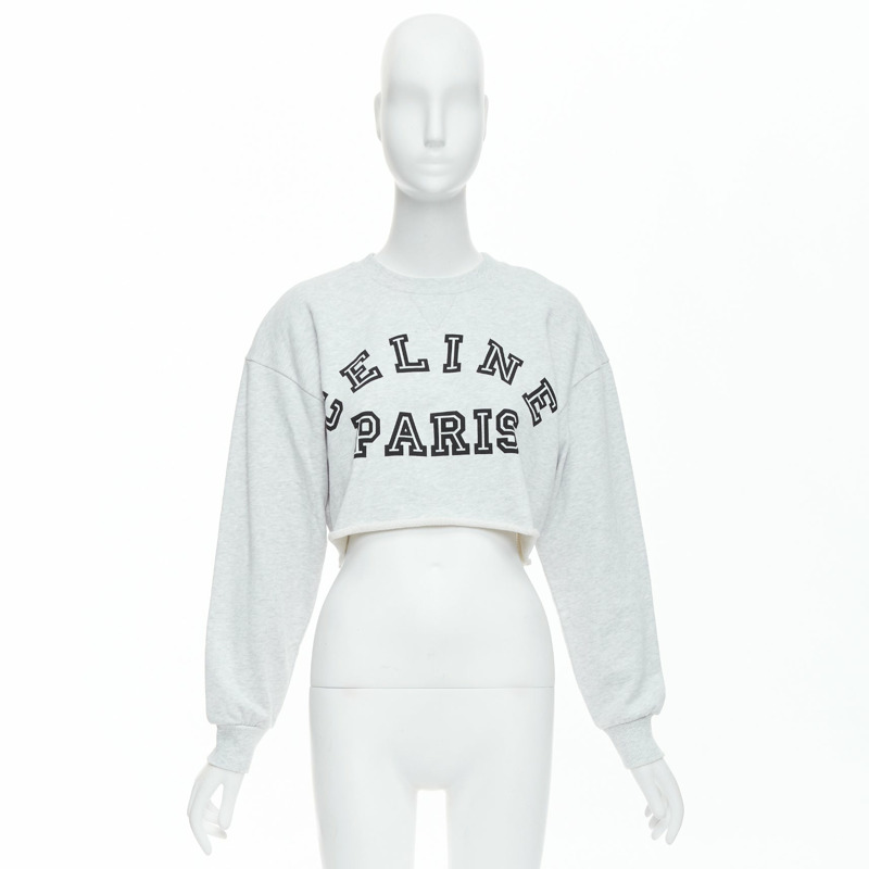 CELINE Runway grey cotton varsity logo cutoff sweatshirt crop top S-8