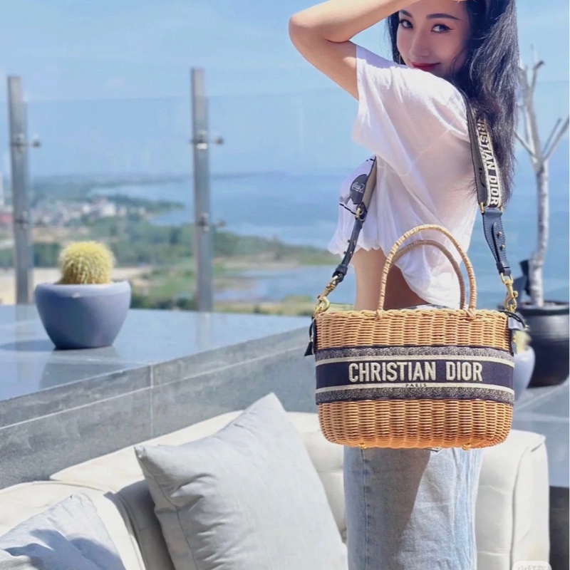 dior 迪奧 WICKER 渡假 柳條編織 緹花背帶 藤編 草編 菜籃子 草編包 籃子包 手提包 斜背包 肩背包-3