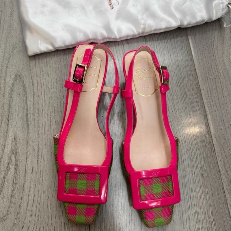 Roger Vivier 23款粉色格子方頭 高跟凉鞋 35號 僅試穿 鞋底輕微痕跡 配件有防塵袋-0
