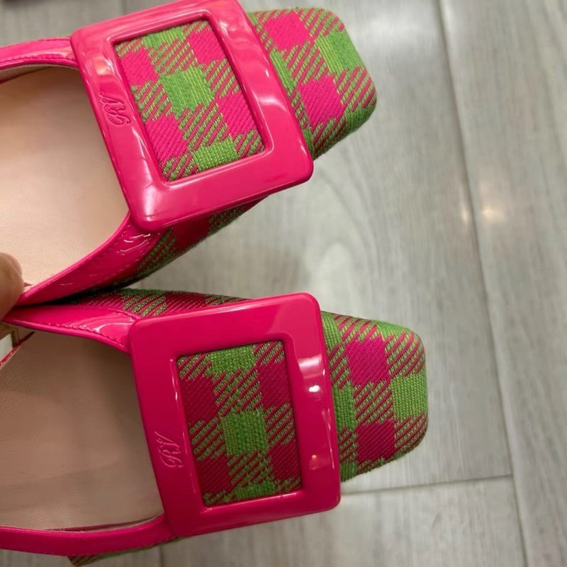 Roger Vivier 23款粉色格子方頭 高跟凉鞋 35號 僅試穿 鞋底輕微痕跡 配件有防塵袋-1