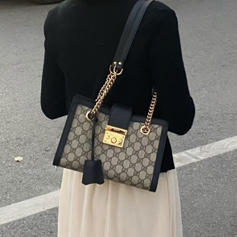 Gucci古馳Padlock小号老花黑色托特包肩背包-0