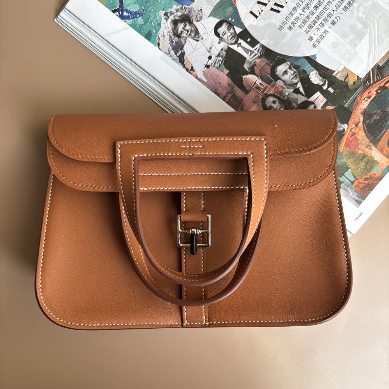 櫃上停產很久！::HERMES 愛馬仕:: W刻MINI HALZAN金棕色銀釦斜背肩背包-2