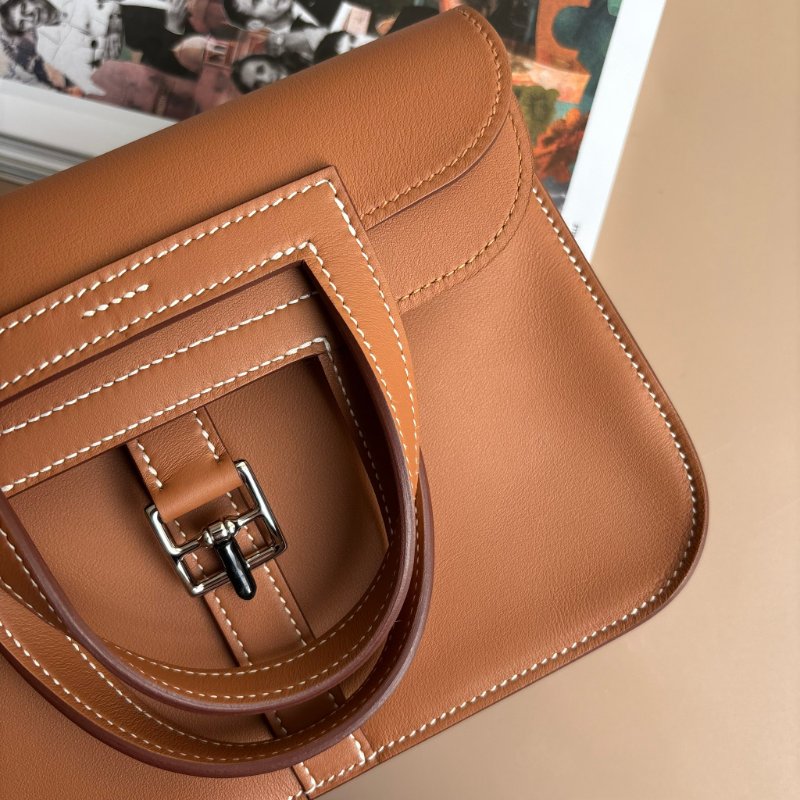 櫃上停產很久！::HERMES 愛馬仕:: W刻MINI HALZAN金棕色銀釦斜背肩背包-3