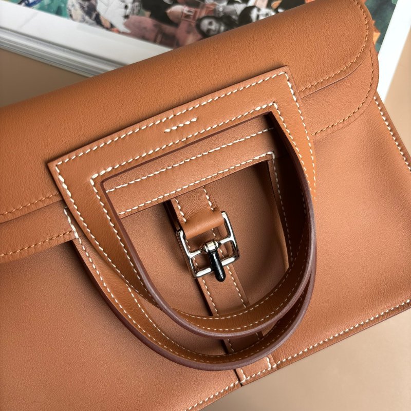 櫃上停產很久！::HERMES 愛馬仕:: W刻MINI HALZAN金棕色銀釦斜背肩背包-4