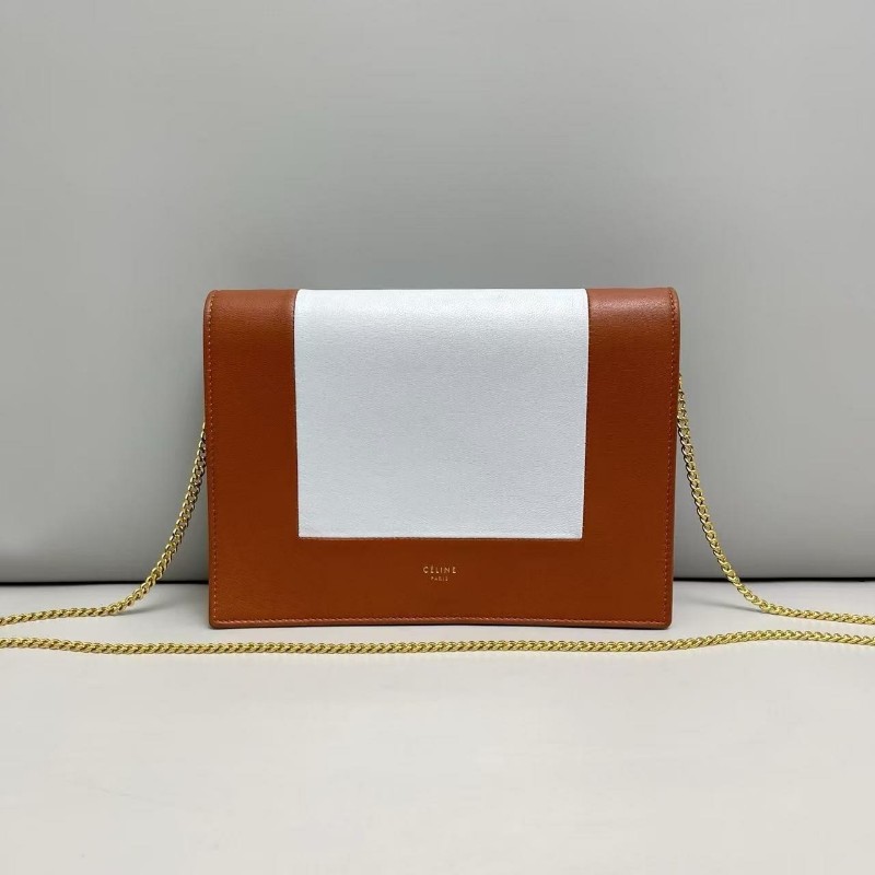 Celine frame系列全皮焦糖藍拼色鏈條包斜背包肩背包-0