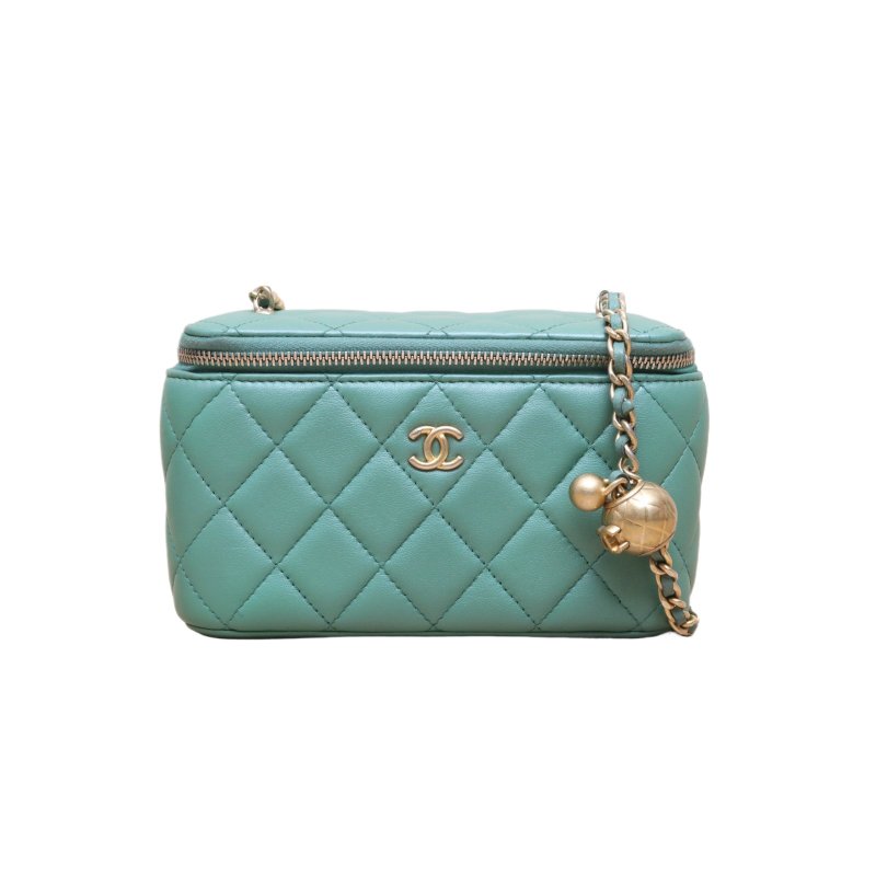 CHANEL(香奈兒) 23S 長盒子化妝包 帶鏡子 16.5cm 綠色 鐳射標 金扣 金球調節扣肩帶-0