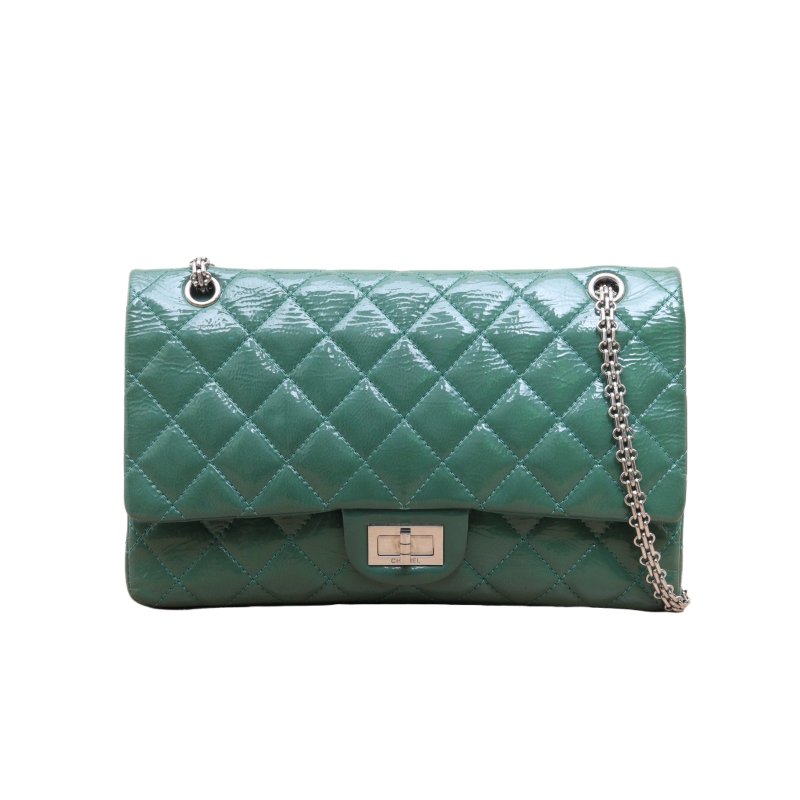 CHANEL(香奈兒) 2.55 口蓋包 MAXI 31.5cm 綠色 漆皮 14開 銀扣-0