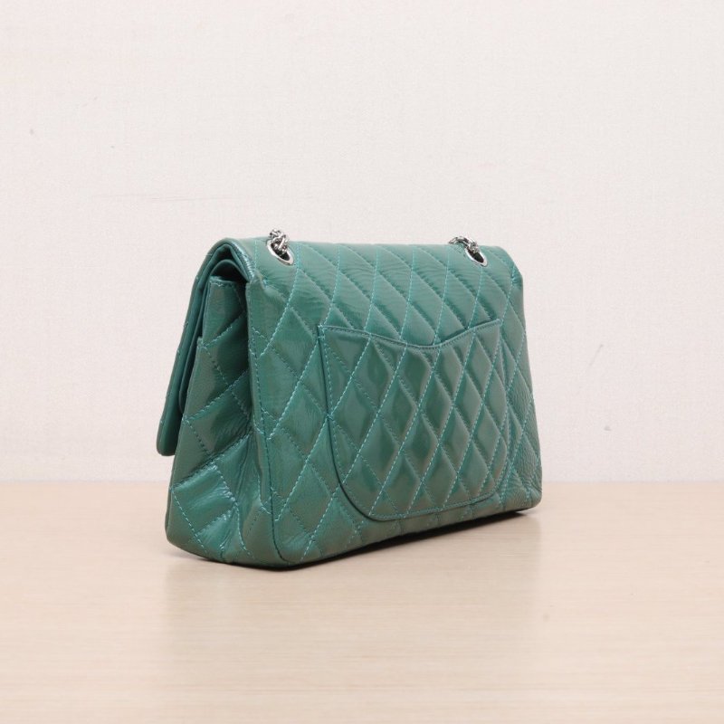 CHANEL(香奈兒) 2.55 口蓋包 MAXI 31.5cm 綠色 漆皮 14開 銀扣-5