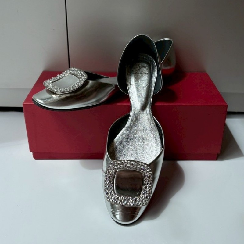 Roger Vivier 水鑽方框銀皮平底鞋-0