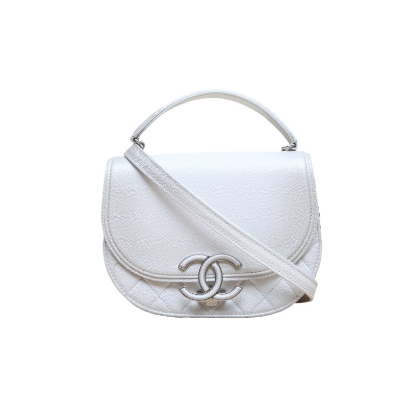 CHANEL(香奈兒) 古巴扣 菱格紋 單肩手提 郵差包 白色 荔枝 28開 銀扣-0