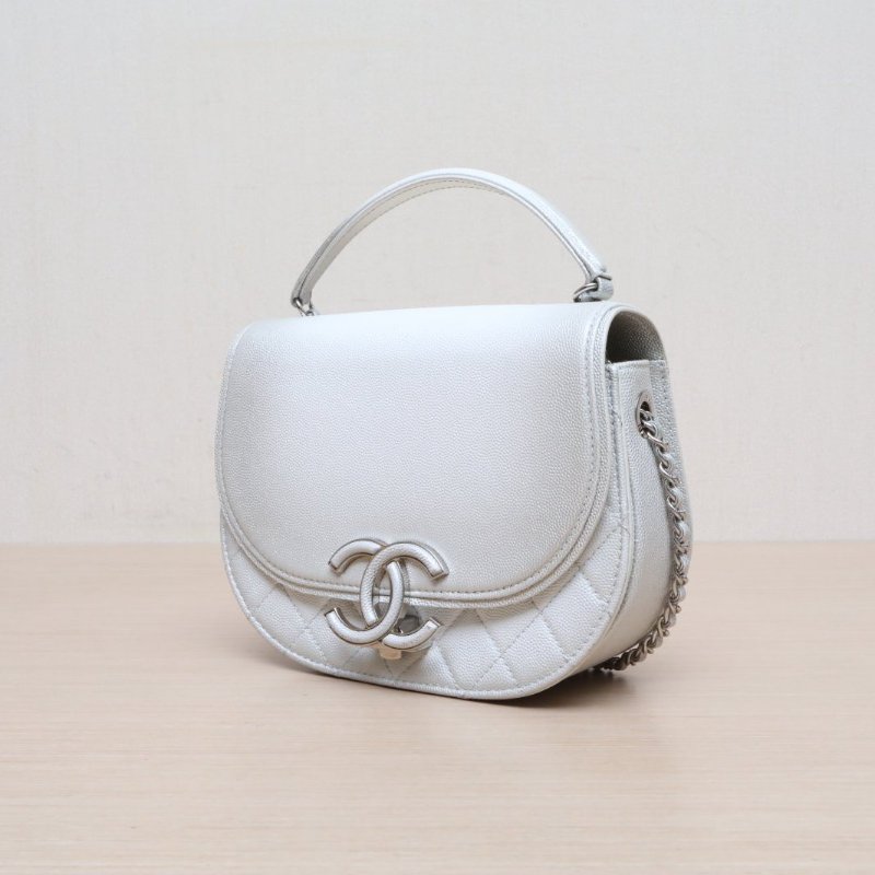 CHANEL(香奈兒) 古巴扣 菱格紋 單肩手提 郵差包 白色 荔枝 28開 銀扣-3
