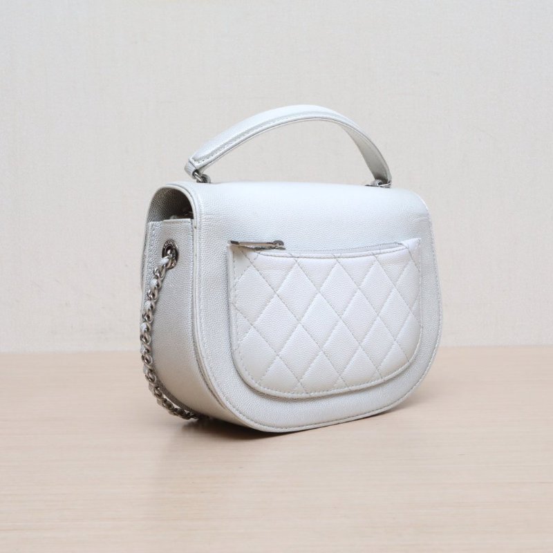 CHANEL(香奈兒) 古巴扣 菱格紋 單肩手提 郵差包 白色 荔枝 28開 銀扣-5