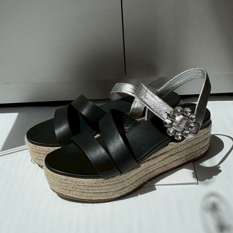 miumiu 銀+黑色皮革水鑽釦帶 厚底涼鞋-0