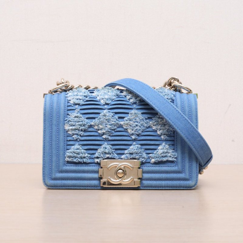 CHANEL(香奈兒) 19S Leboy 小號 20.5cm 牛仔藍 牛仔 27開 淺金扣 褶皺丹寧提花-2