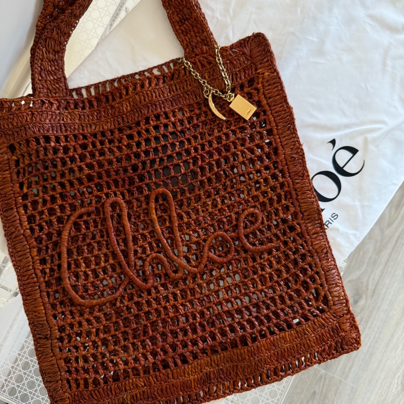 9.5新up Chloe字母草編包 托特包 棕色-0