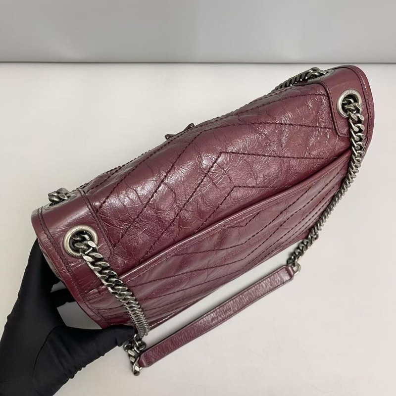 YSL聖羅蘭 Niki中號 酒紅色全皮郵差包肩背包-5