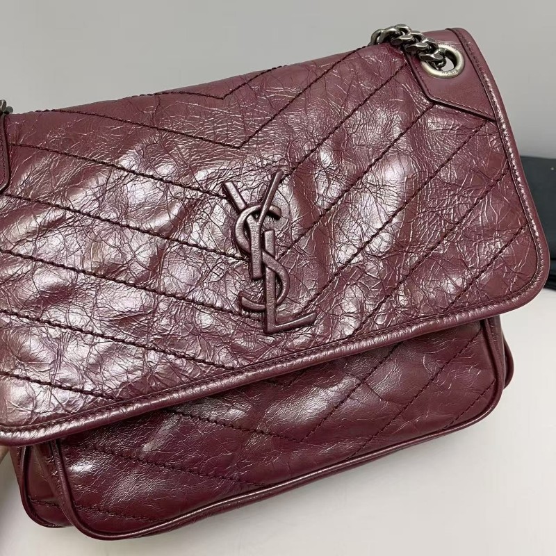 YSL聖羅蘭 Niki中號 酒紅色全皮郵差包肩背包-6