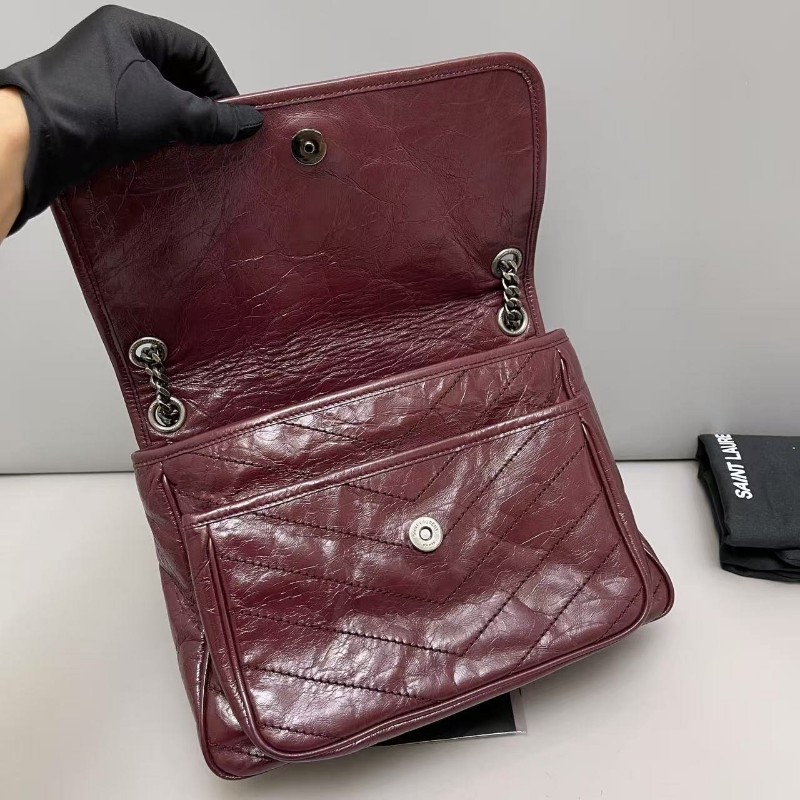 YSL聖羅蘭 Niki中號 酒紅色全皮郵差包肩背包-7