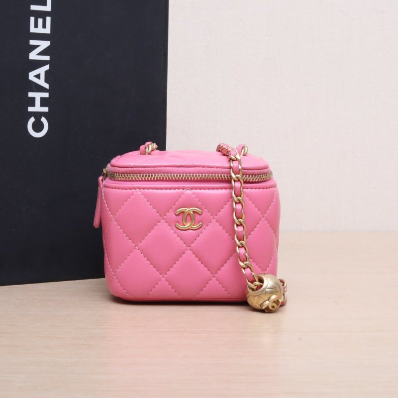 CHANEL(香奈兒) 21B 方盒子化妝包 無鏡子 10cm 粉色 29開 金扣 金球調節扣肩帶-1