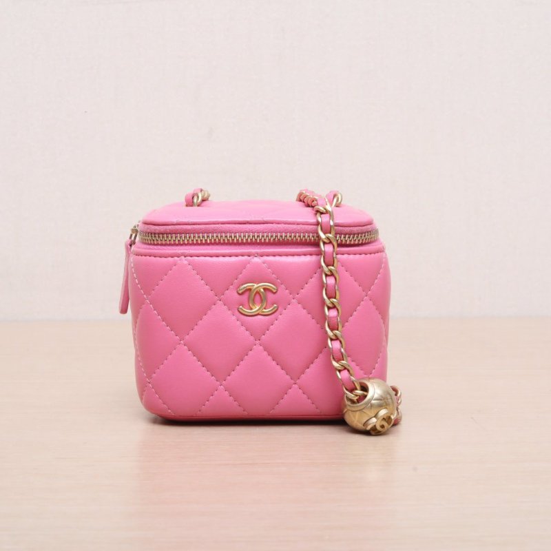 CHANEL(香奈兒) 21B 方盒子化妝包 無鏡子 10cm 粉色 29開 金扣 金球調節扣肩帶-2