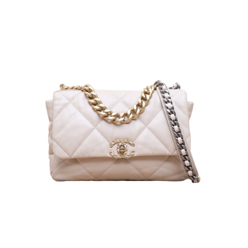 CHANEL(香奈兒) 19BAG 口蓋包 中號 30cm 奶茶色 30開 金銀扣-0