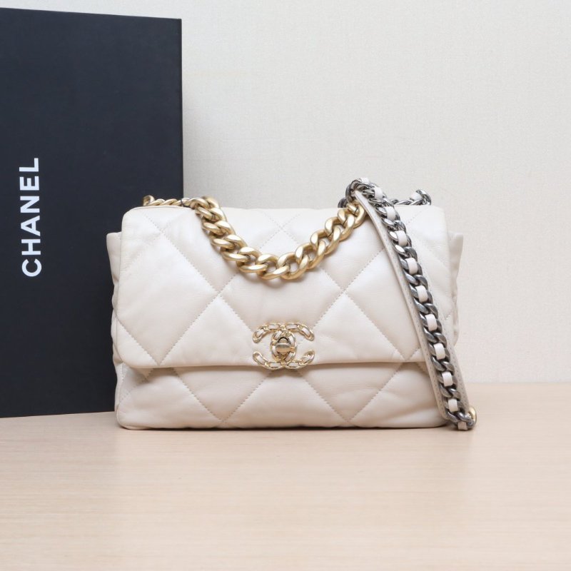 CHANEL(香奈兒) 19BAG 口蓋包 中號 30cm 奶茶色 30開 金銀扣-1