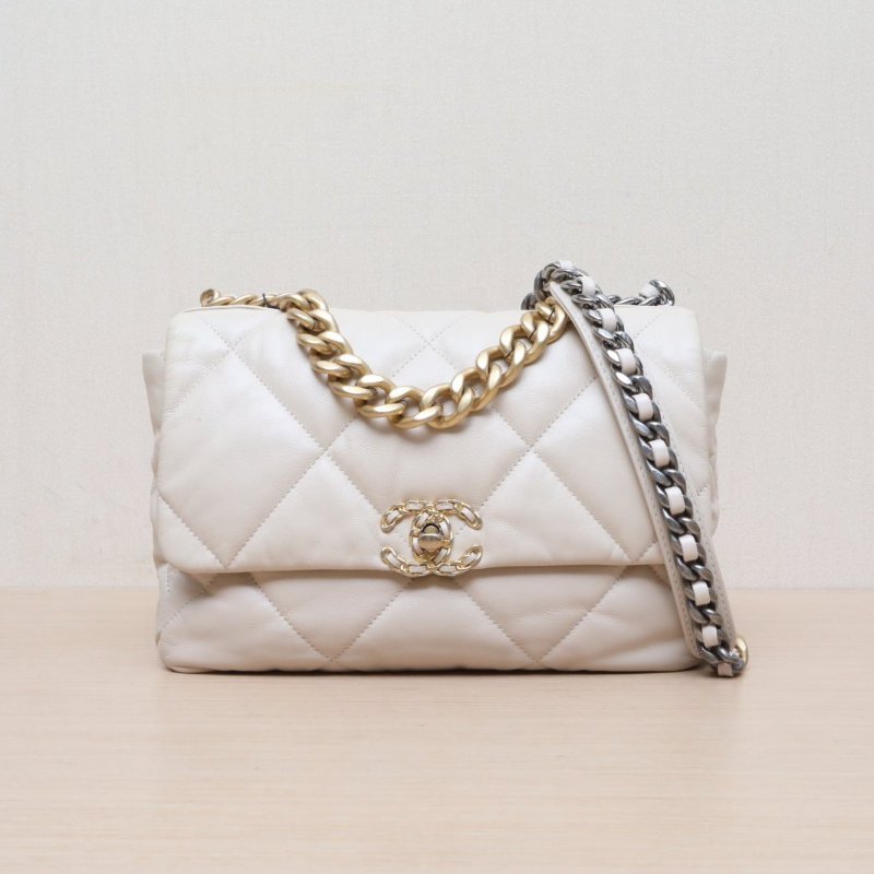 CHANEL(香奈兒) 19BAG 口蓋包 中號 30cm 奶茶色 30開 金銀扣-2