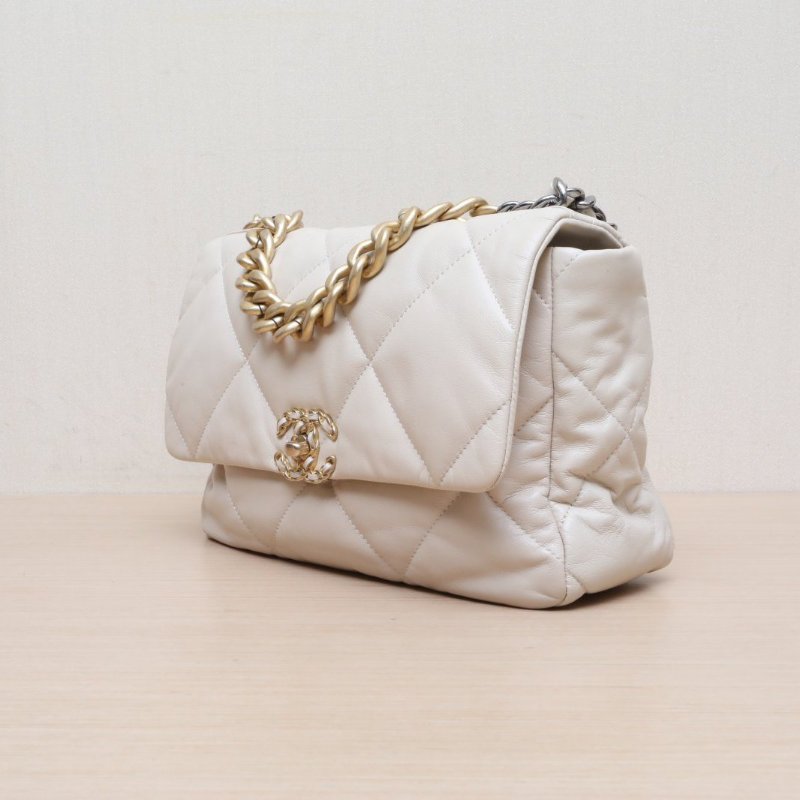 CHANEL(香奈兒) 19BAG 口蓋包 中號 30cm 奶茶色 30開 金銀扣-3