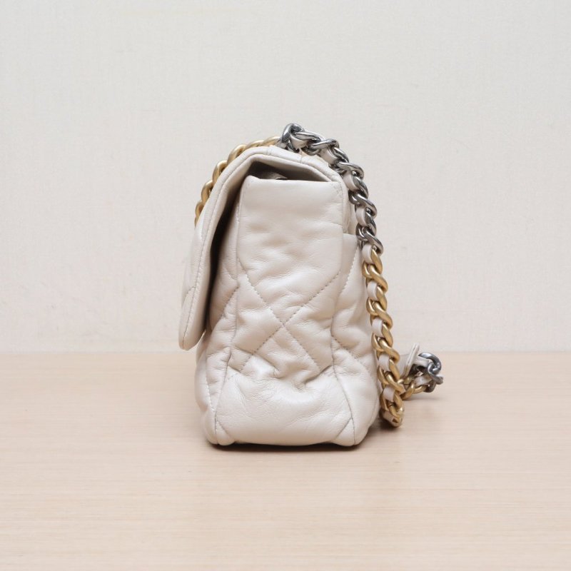 CHANEL(香奈兒) 19BAG 口蓋包 中號 30cm 奶茶色 30開 金銀扣-4